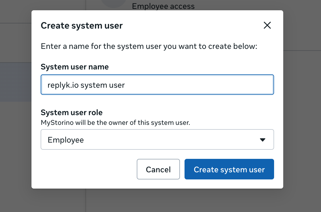 Create system user dialog