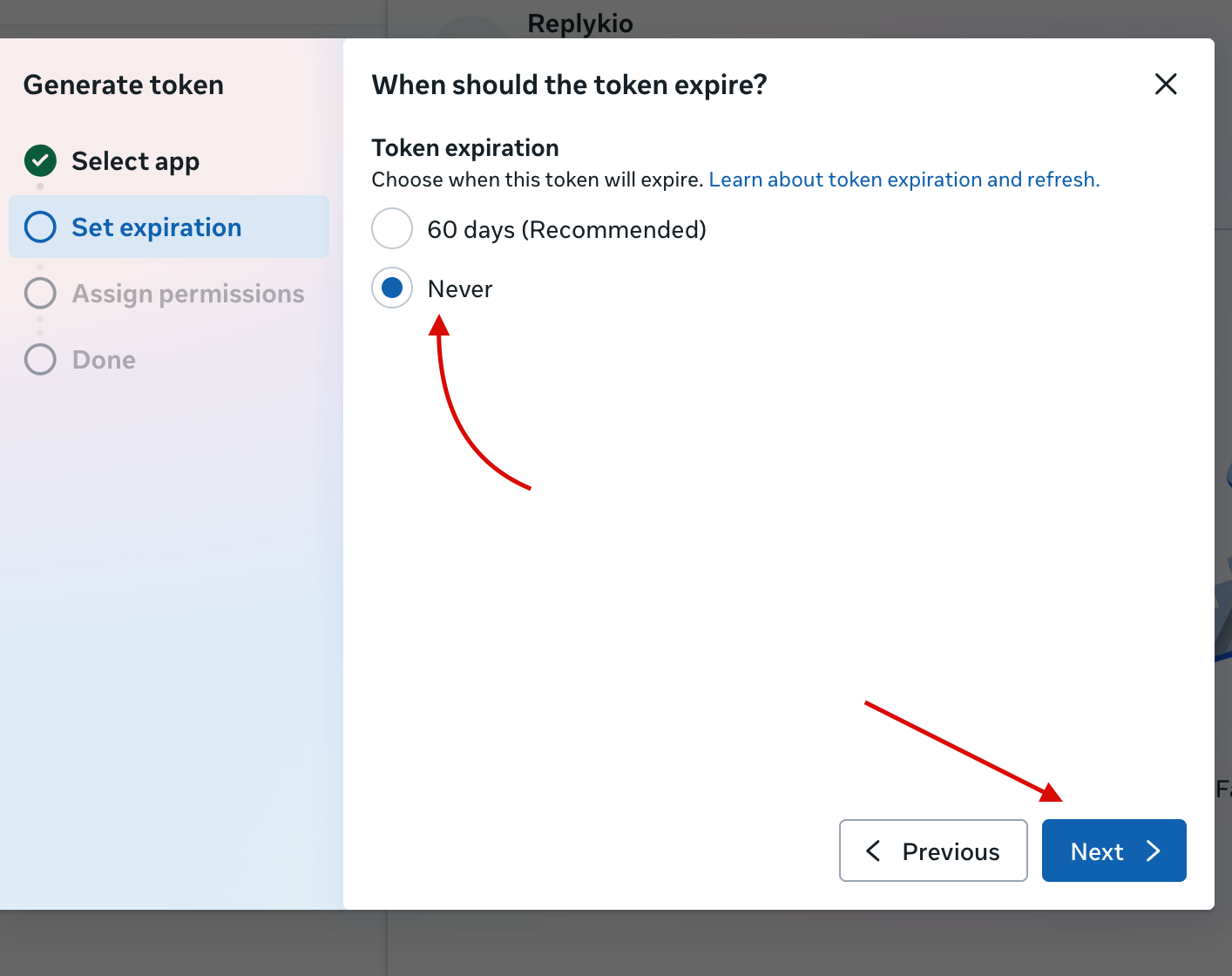 Set token expiration to Never