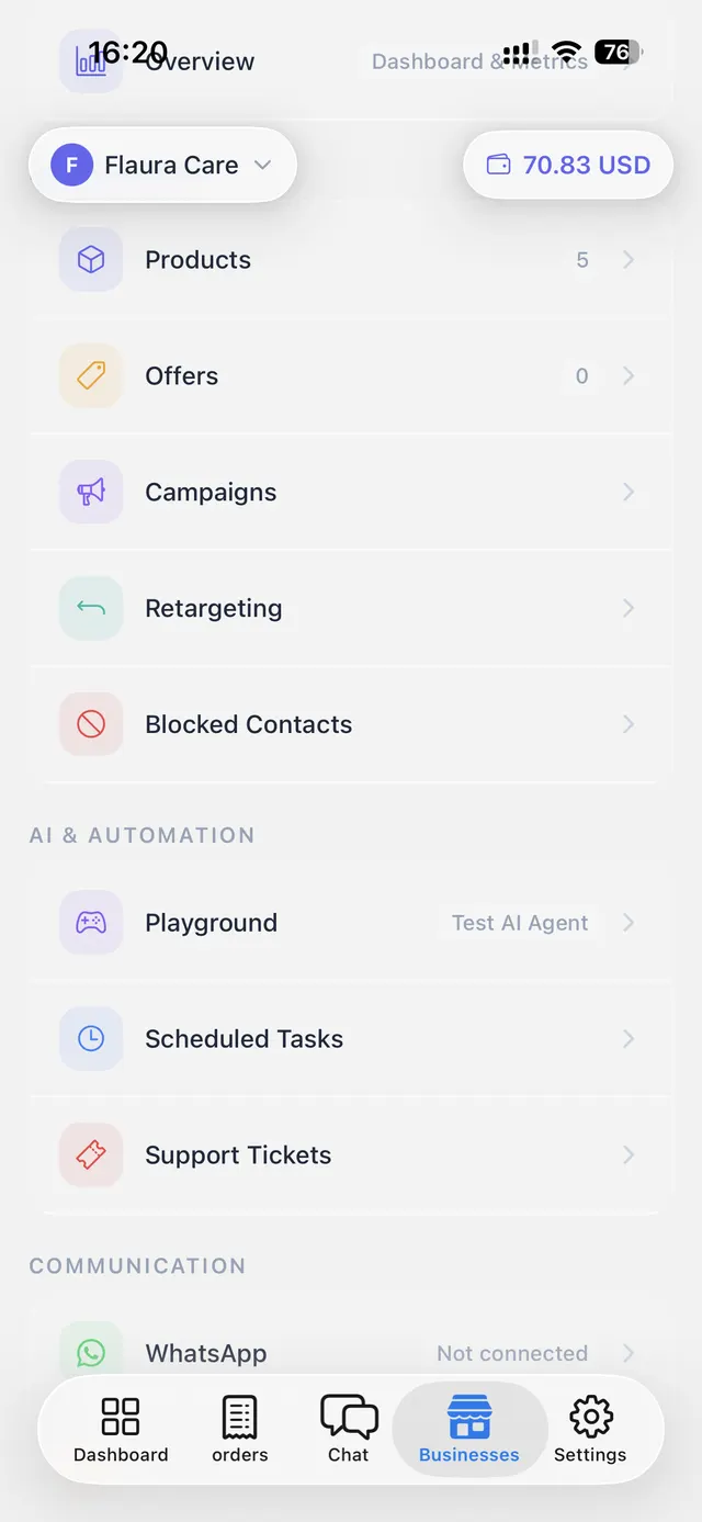 Business settings and management