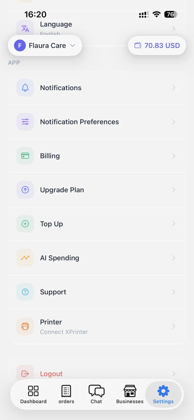 App settings screen