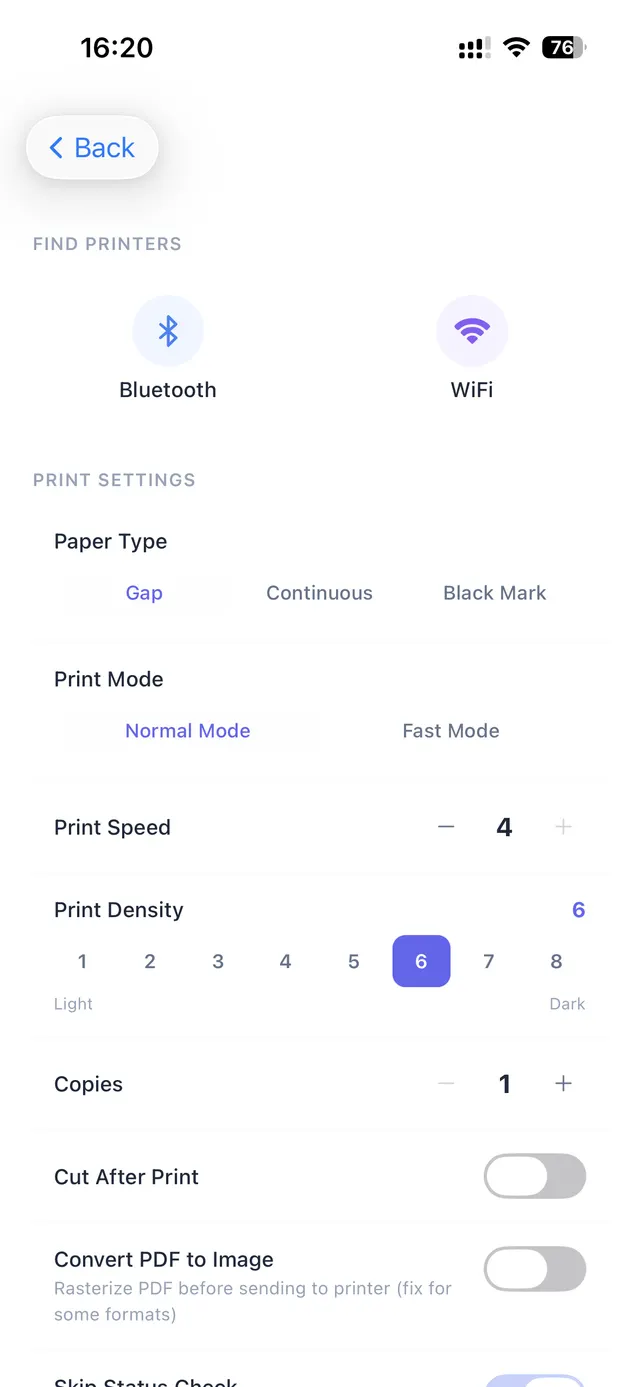 Printer setup screen