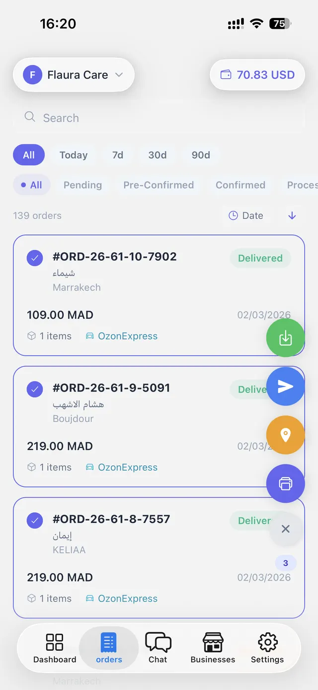Orders selection with quick actions